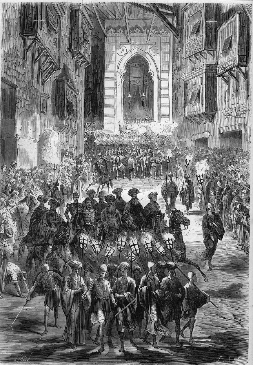 Procession på Kairos gator den första dagen av Ramadan. Egypten av French School
