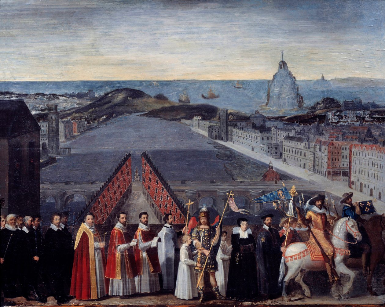 Procession av den parisiska sylten av pelerinerna från Saint Michel du Mont sur le Pont Neuf Anonym målning. 1600-talet. Dim 0,80 x 1,05 m Paris, Musee Carnavalet av French School