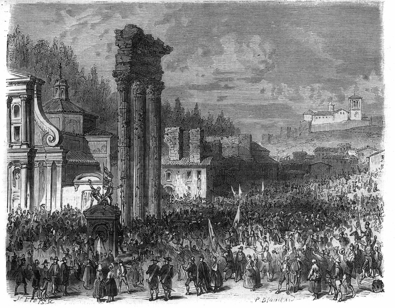 Tillkännagivande av den romerska republiken 1798. (Proclamation della repubblica romana nel 1878) Gravyr i "Histoire des Papes-King-Queen-and-Empereurs a travers les centuries" av Maurice Lachatre av French School