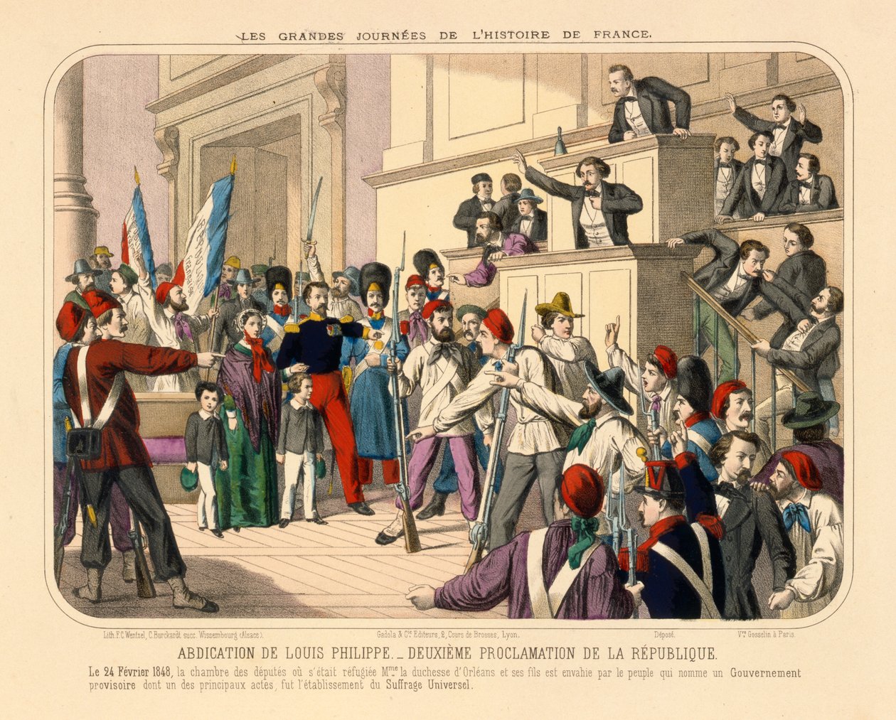 Proklamationen av den andra franska republiken under februarirevolutionen, 24 februari 1848, broadsheet publicerad av Gadola, Lyon, 1848 av French School