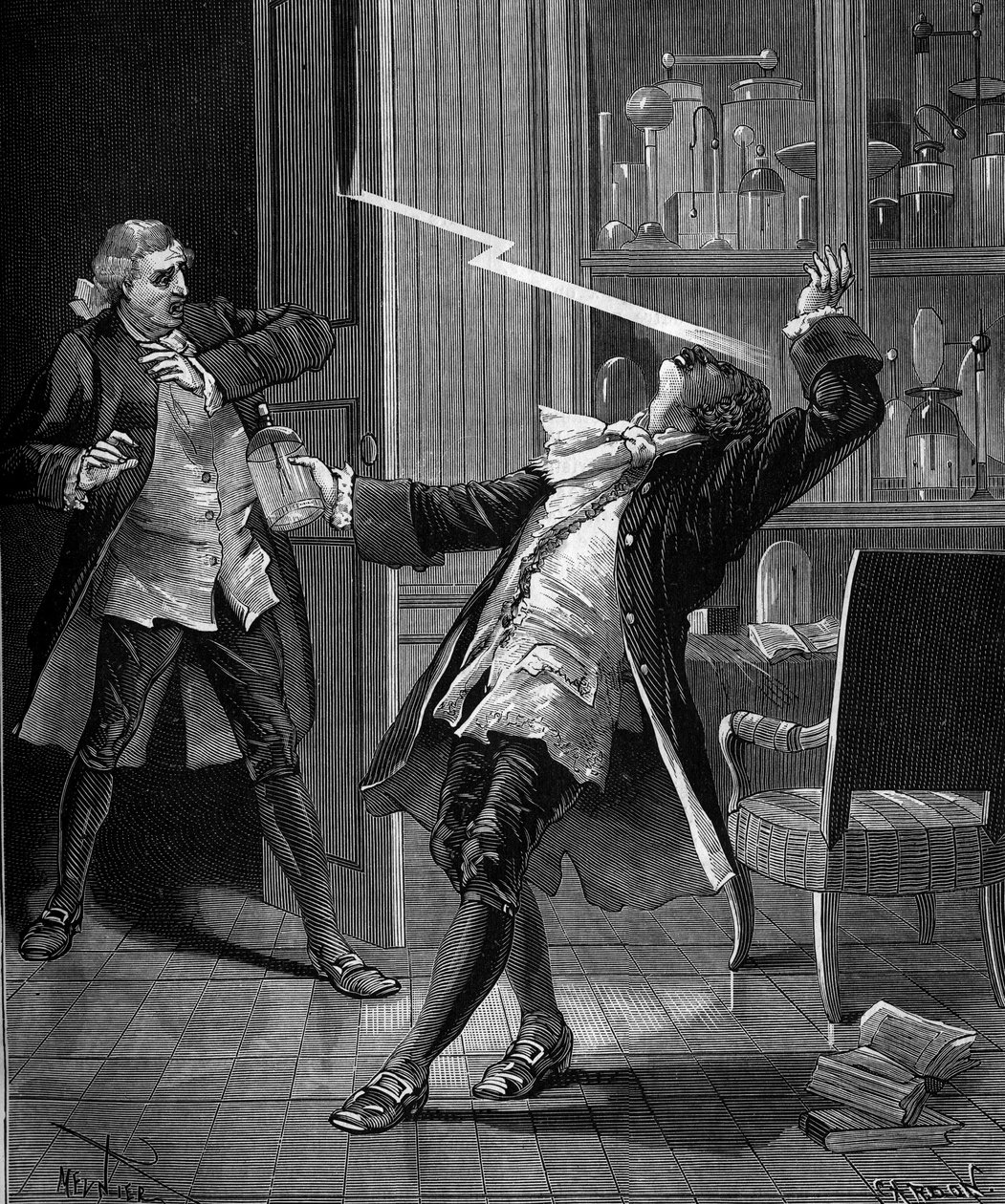 Professor Georges Guillaume Richmann (1711-1753) dog i sin verkstad efter ett experiment med en elektrometer av French School