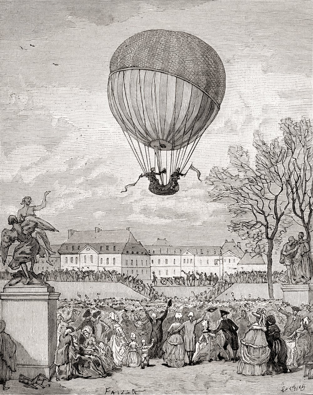 Professor Jacques Charles och Nicolas-Louis Robert flyger världens första bemannade väteballong den 1 december 1783 i Tuilleries Gardens, Paris, från 