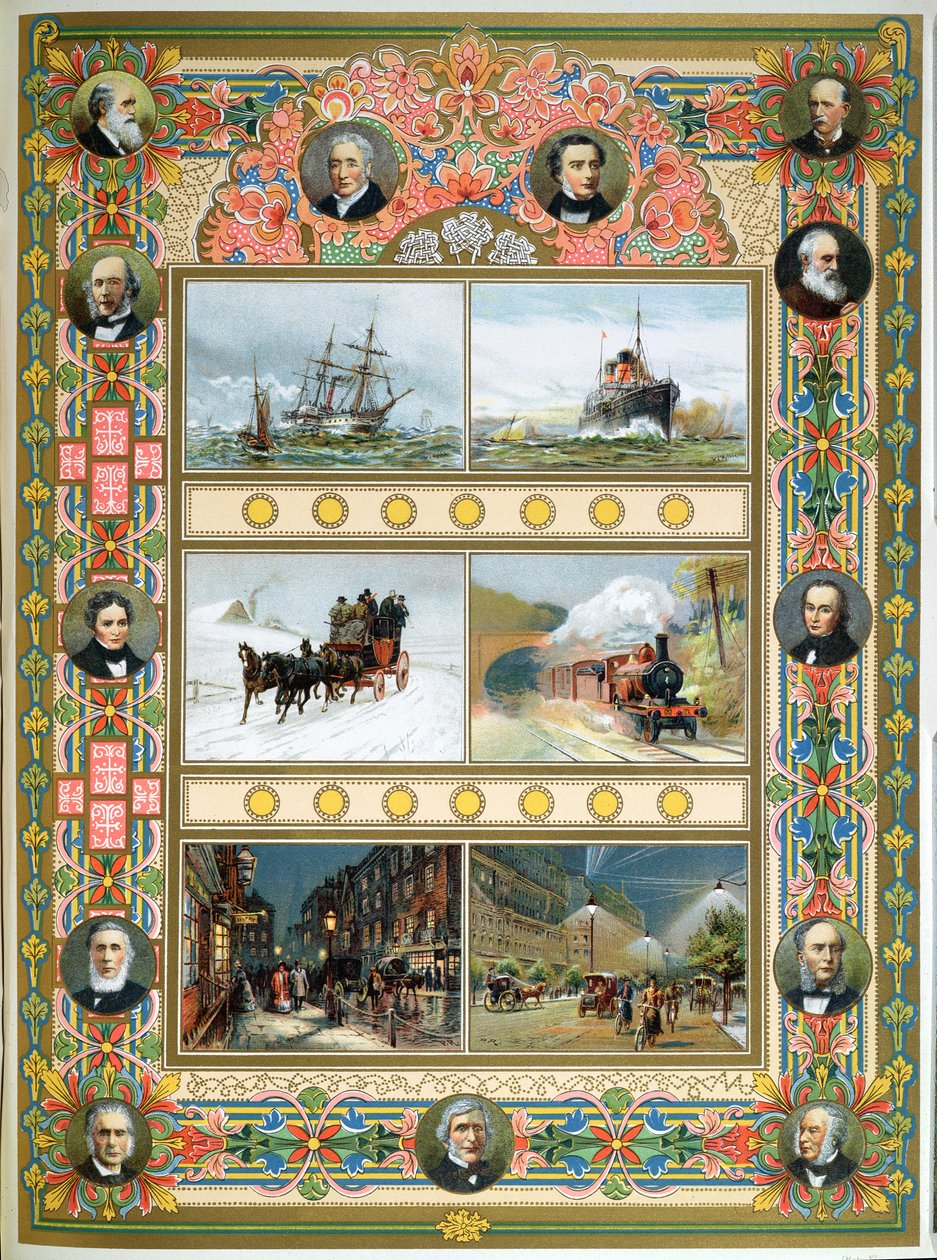 Framsteg under drottning Victorias regeringstid (1819-1901). Segelfartyg, ångfartyg, ångtåg och gas och elektrisk gatubelysning, 1887 av French School