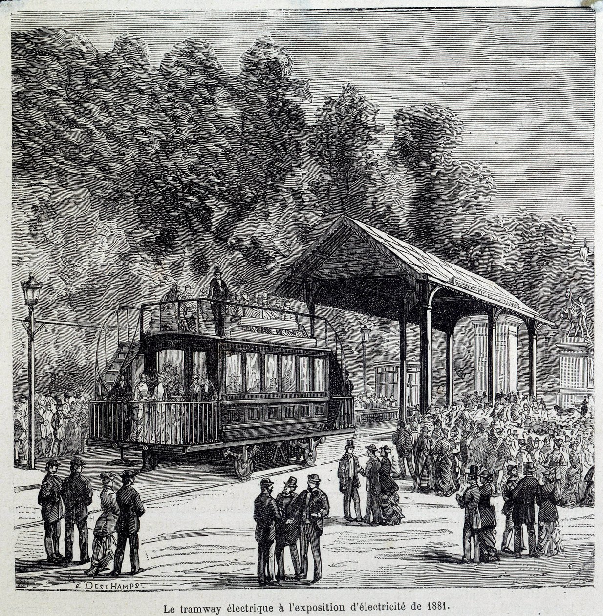 Framsteg inom transport: den elektriska spårvägen visade elektricitet 1881. Gravyr från 1800-talet av French School