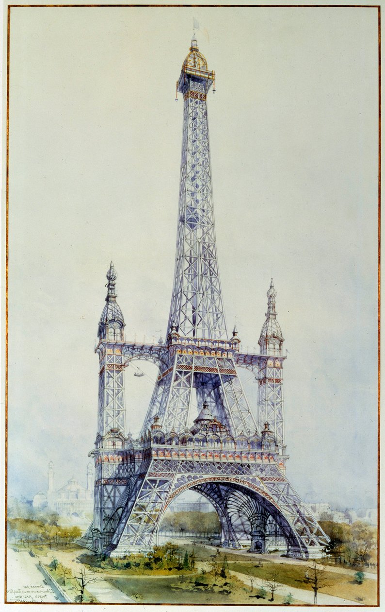 Projekt för att modifiera Eiffeltornet för 1900-utställningen (maj 1896). Gravyr från 1896. Paris, Riksarkivet av French School