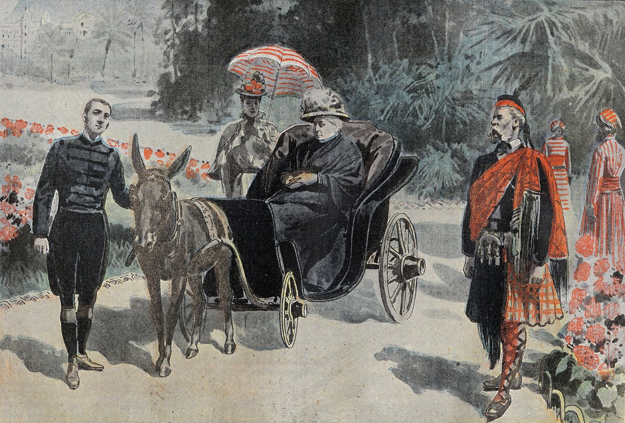 Promenade de Victoria I (1837-1901) Drottning av England, i parken på Hotel Cimiez nära Nice. Gravyr i "" Le Pelerin"" 26/03/1899. av French School
