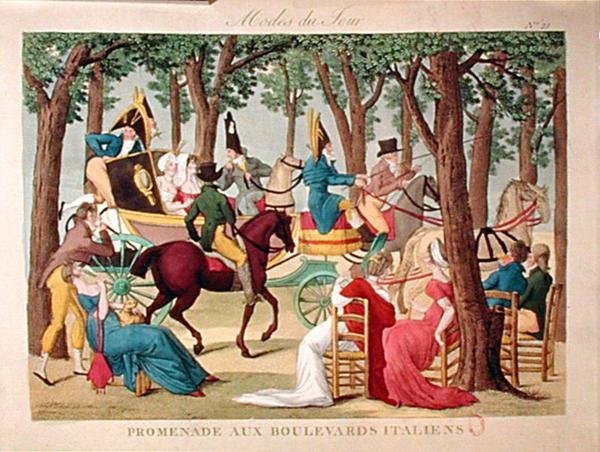 Promenade på Boulevard des Italiens i Paris, tidigt 1800-tal (färgad gravyr) av French School