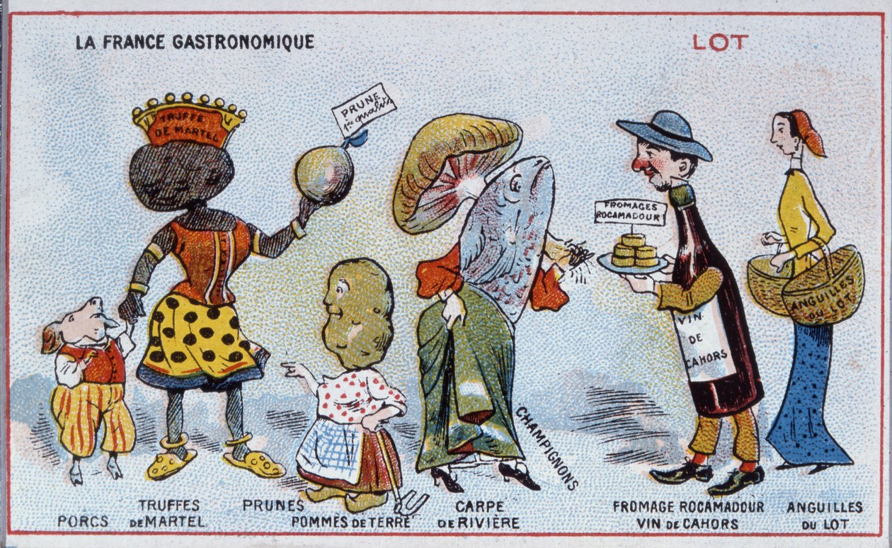 Reklam- och utbildningskort som visar matspecialiteter från Lot-regionen, ca 1910 av French School