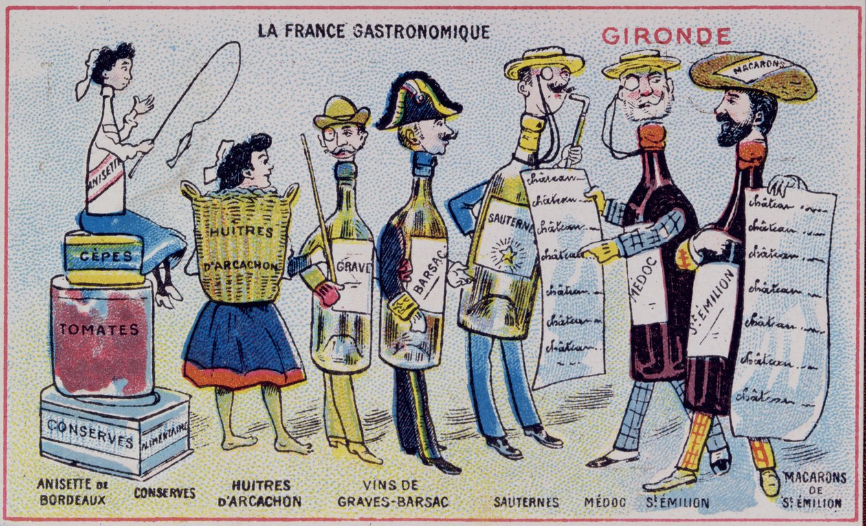 Reklam- och utbildningskort för barn som visar matspecialiteter från Gironde-regionen. c.1910 av French School
