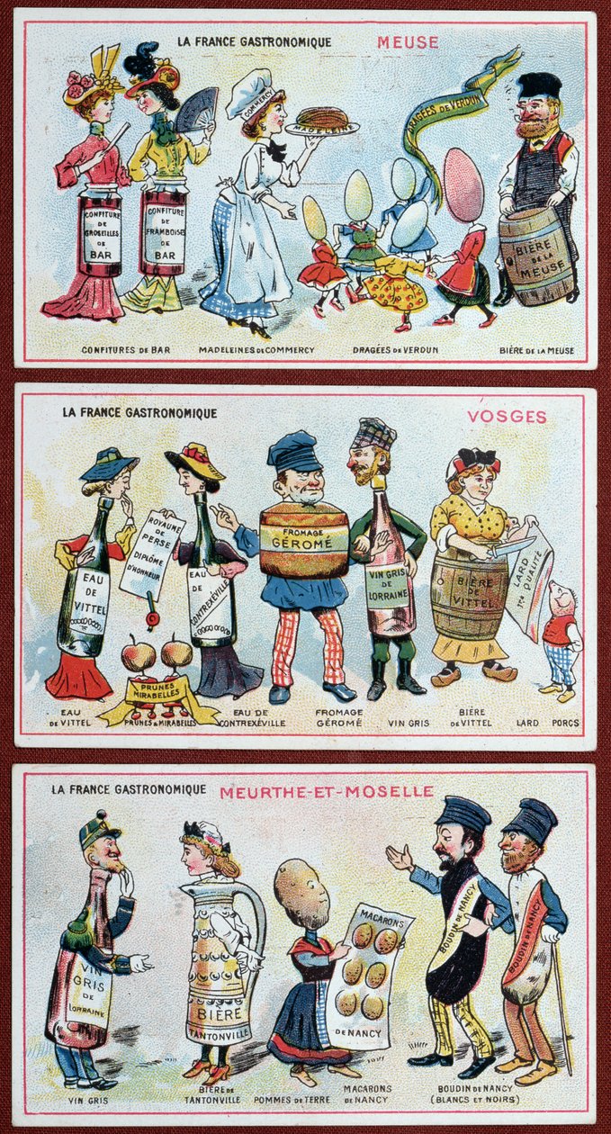 Reklam- och utbildningskort för barn som visar matspecialiteter från Lorraine-regionen, ca 1910 av French School