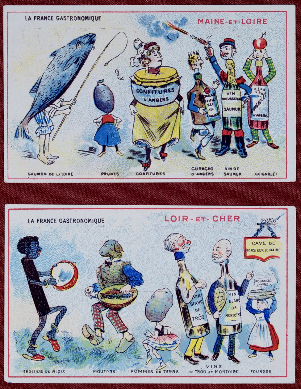 Reklam- och utbildningskort för barn som visar matspecialiteter från regionerna Maine-et-Loire och Loir-et-Cher, ca 1910 av French School