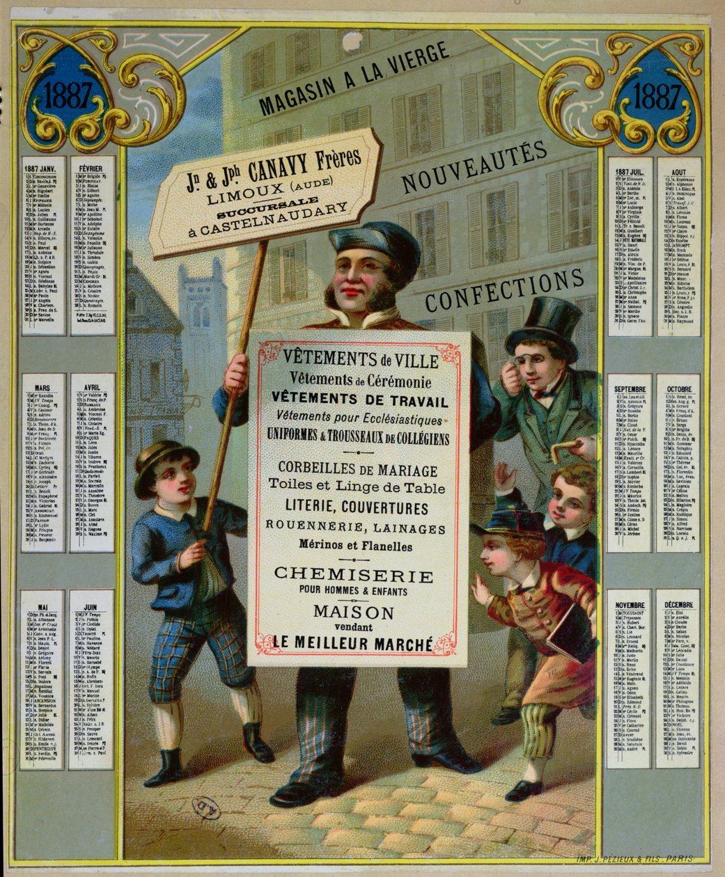Kampanjkalender för 1887 reklam för Canavy Freres skräddare och sybehör, ca 1886 av French School