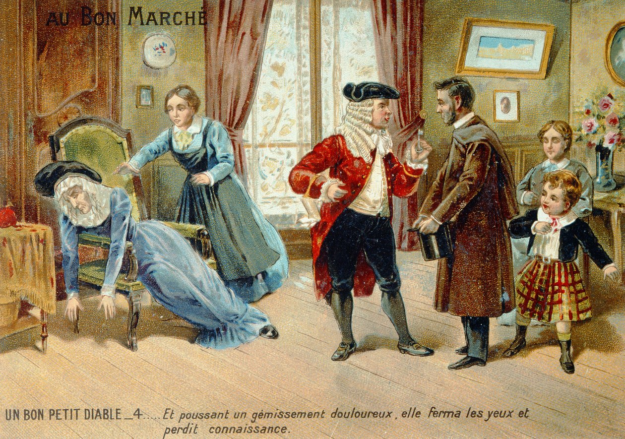 Reklamkortsreklam Le Bon Petit Diable av Comtesse de Segur, slutet av artonhundratalet av French School