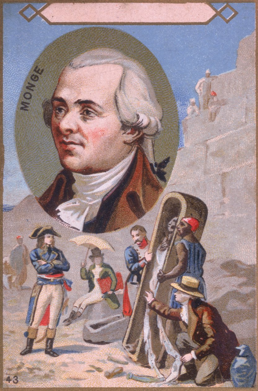 Reklamkort som föreställer Gaspard Monge (1746-1818) som presenterar en mumie för Napoleon Bonaparte (1769-1821) under den egyptiska kampanjen, sent 1800-tal av French School