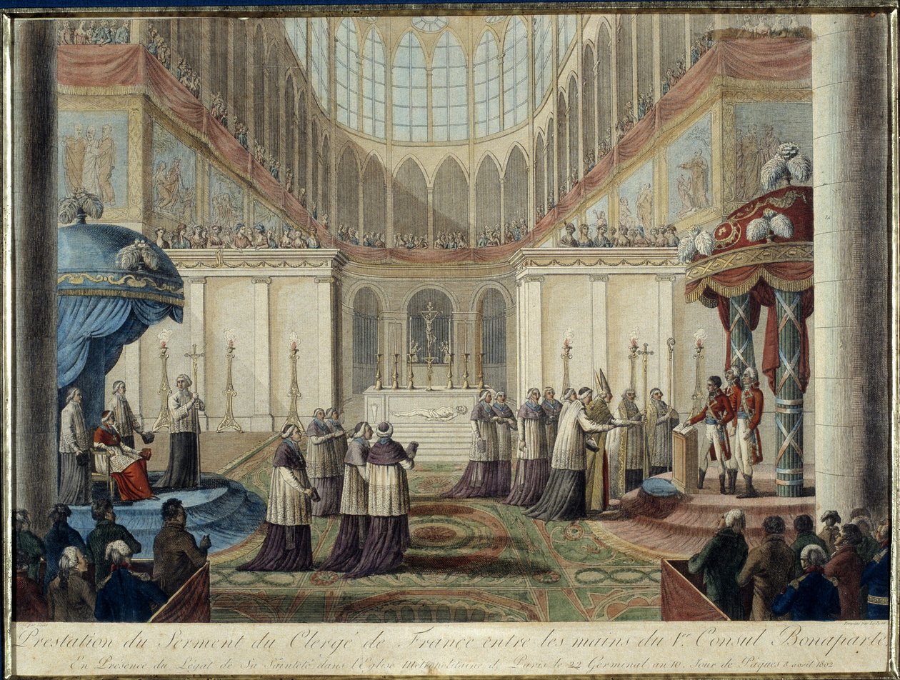 Kungörande av 1801 års konkordat: svurit in av Frankrikes präst i händerna på den 1:e konsuln Bonaparte, i närvaro av hans helighets legat i Metropolitan Church of Paris den 22:a groddåret 10, påskdagen 8 april 1802 av French School