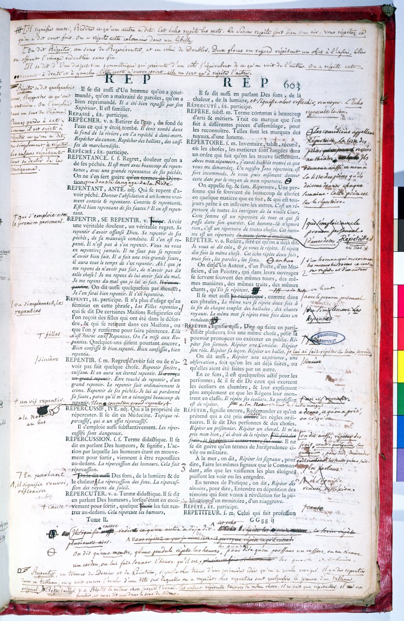 Korrektursida med korrigeringar av en upplaga av Franska Akademiens ordbok (bläck på papper) (se även 179945) av French School