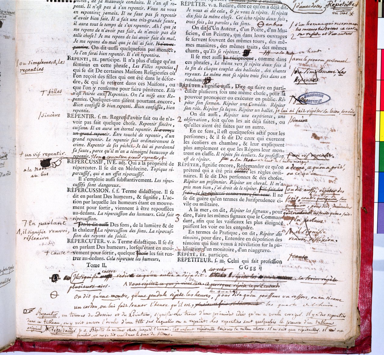 Korrektursida med korrigeringar av en upplaga av Franska Akademiens ordbok (bläck på papper) (detalj av 179941) av French School