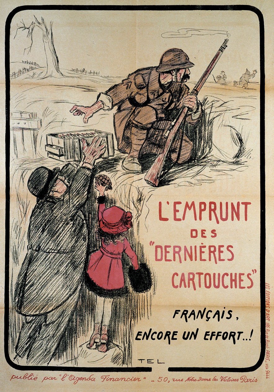 Propagandaaffisch under första världskriget: "" lånar de sista patronerna, franska fortfarande ett försök"", 1900-talet. Coll. Nu går vi. av French School