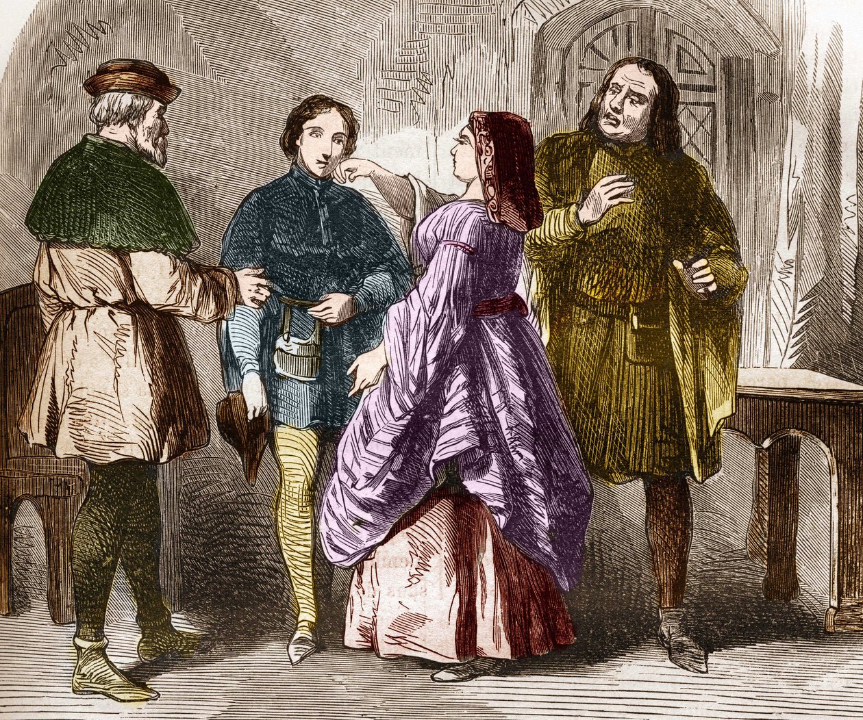 Prostitutionsscen i Paris i slutet av medeltiden. Gravyr i "Prostitutionens och utsvävningens historia bland alla världens folk från antiken till våra dagar" av Dr Th. -F. Debray. 1879. av French School