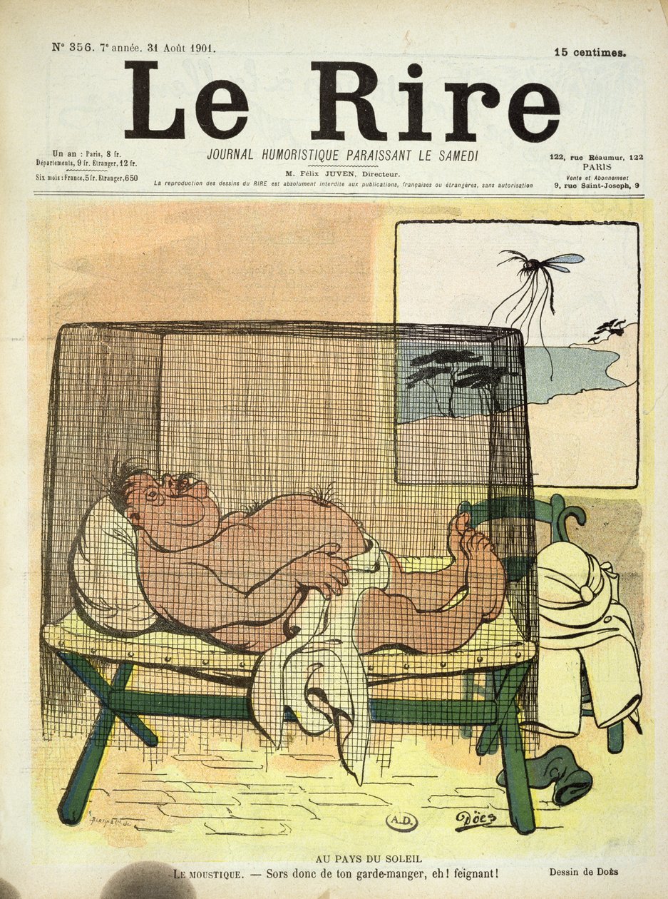 Skydd mot myggor i kolonierna, från Le Rire, 31 augusti 1901 av French School