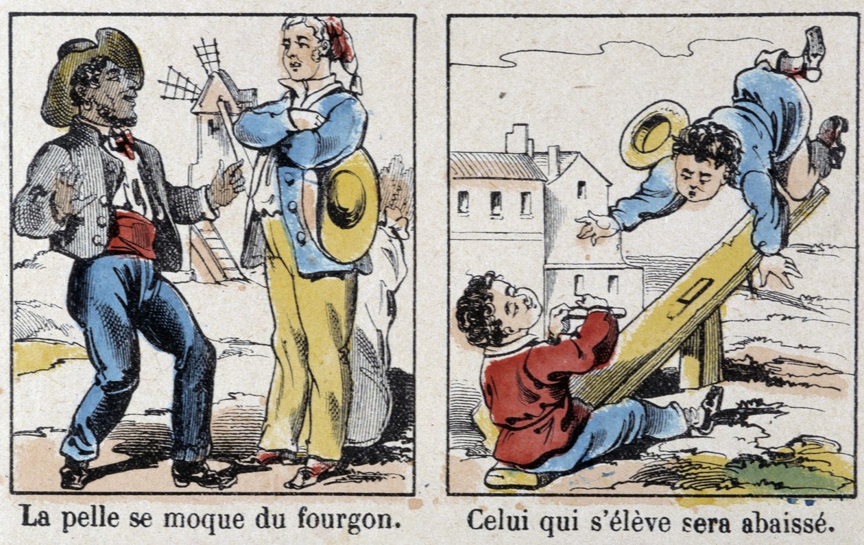 Ordspråk i Epinals bild: "" spaden hånar skåpbilen"", "" Den som reser sig kommer att sänkas"" av French School