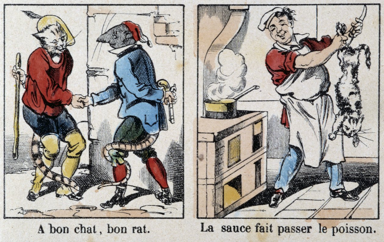 Ordspråk i bilder av Epinal: "" En bra katt, bra råtta"" och "" Såsen passerar fisken"" - bild av Epinal, n.d. av French School