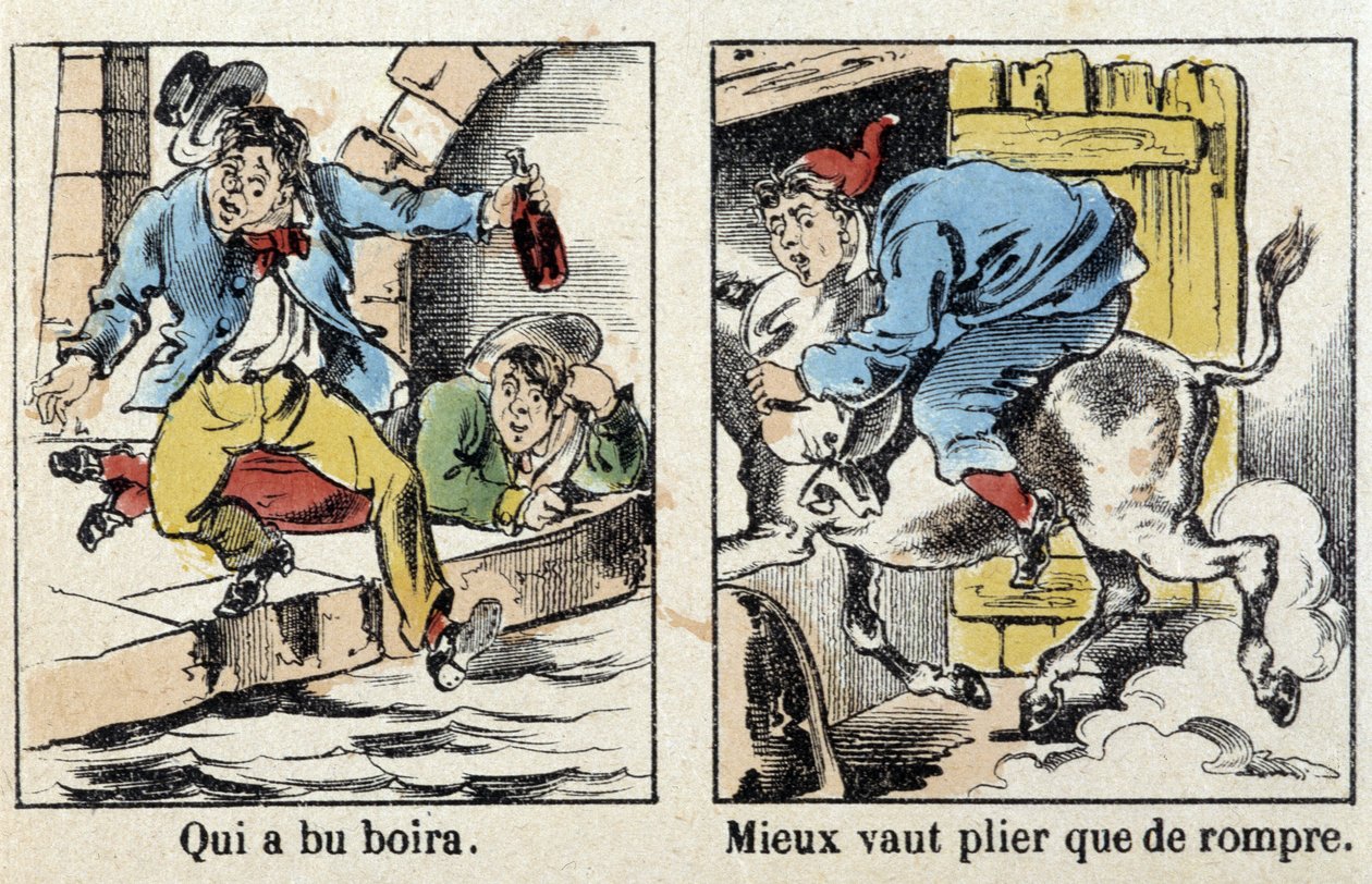 Ordspråk i bilder av Epinal: Vem drack drink. Bättre böj än bryta. av French School