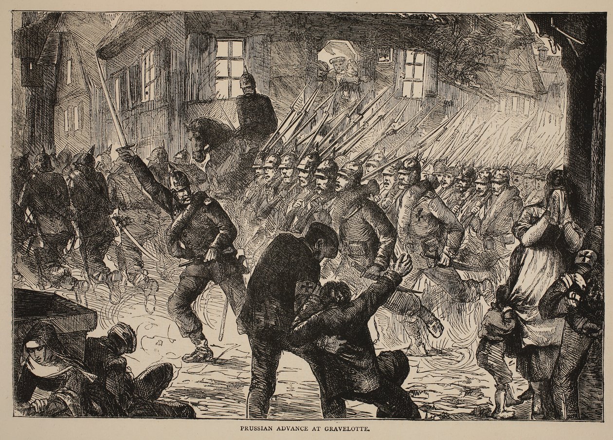 Preussisk frammarsch vid Gravelotte, illustration från Cassells historia om kriget mellan Frankrike och Tyskland, 1870-1871 av French School