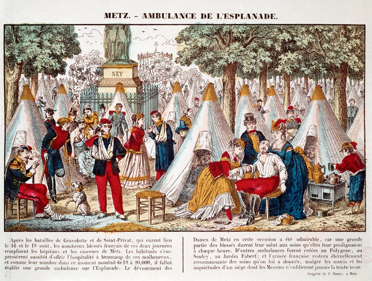Preussiska kriget: en ambulans installerad på esplanaden för att behandla sårade 1870 i Metz (gravyr) av French School