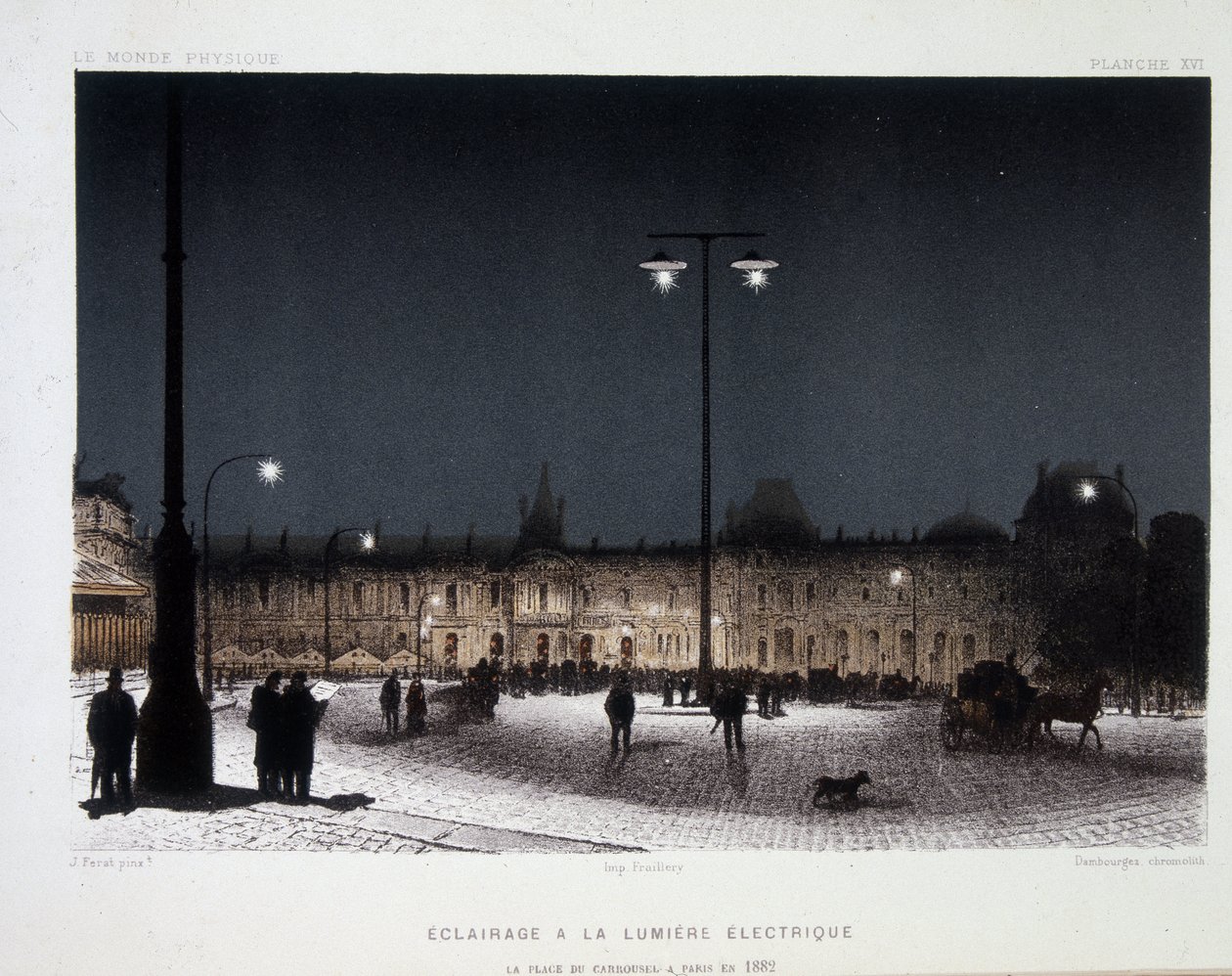 Offentlig belysning med elektriskt ljus på place du carrousel i Paris 1883 - i "" Magnetism and Electricite"" av Amedee Guillemin av French School
