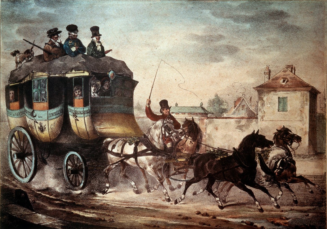 Kollektivtrafik: Diligence av linjen mellan Paris och Meaux. Illustration av skurken 1824. Compiegne, Chateau Museum av French School