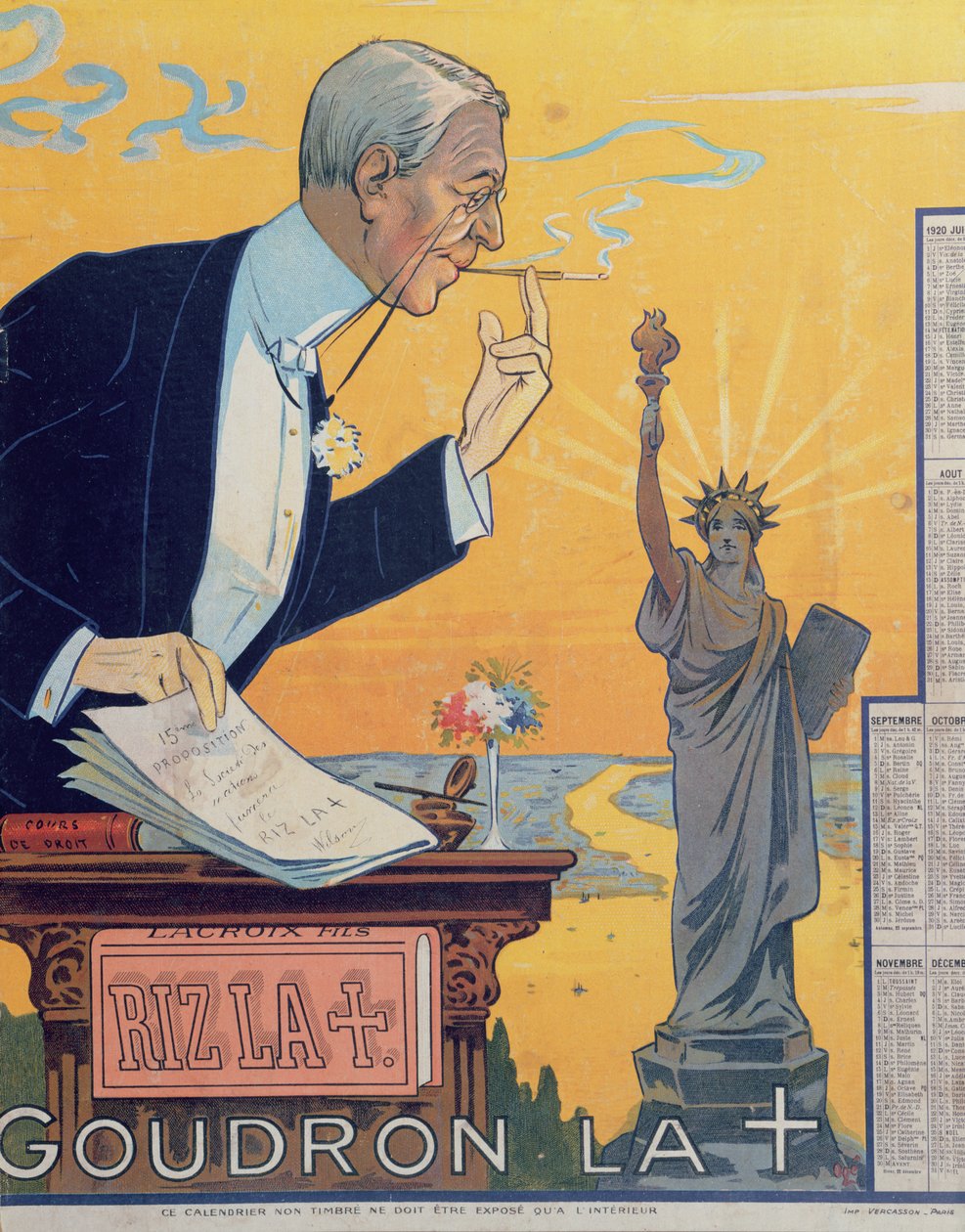 Publicitetskalender för cigarettpapperstillverkaren Rizla, föreställande president Woodrow Wilson (1856-1924) och det 15:e förslaget för Nationernas Förbund, 1920 av French School