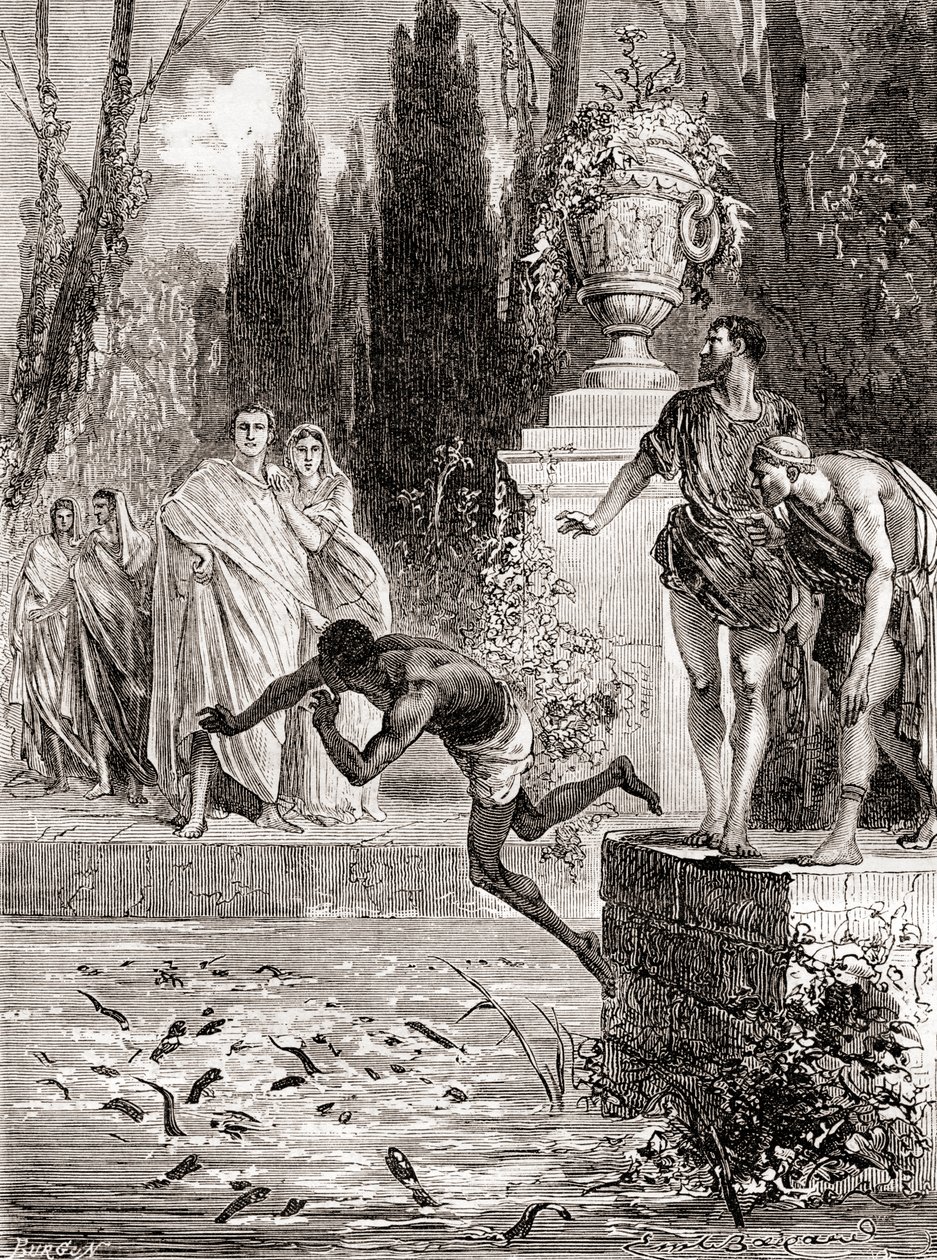 Publius Vedius Pollio, romersk ryttare, matar en slav till sina lampräsålar, från Les Merveilles de la Science, publicerad ca 1870 av French School