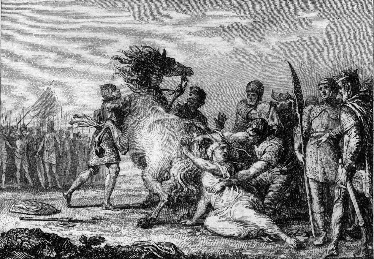 Brunehauts straff, 613: Brunehaut eller Brunehilde (543-613), drottning av Austrasien, fästs vid svansen på en okuvlig häst innan den släpas till marken. Gravyr av 1700-talet. av French School