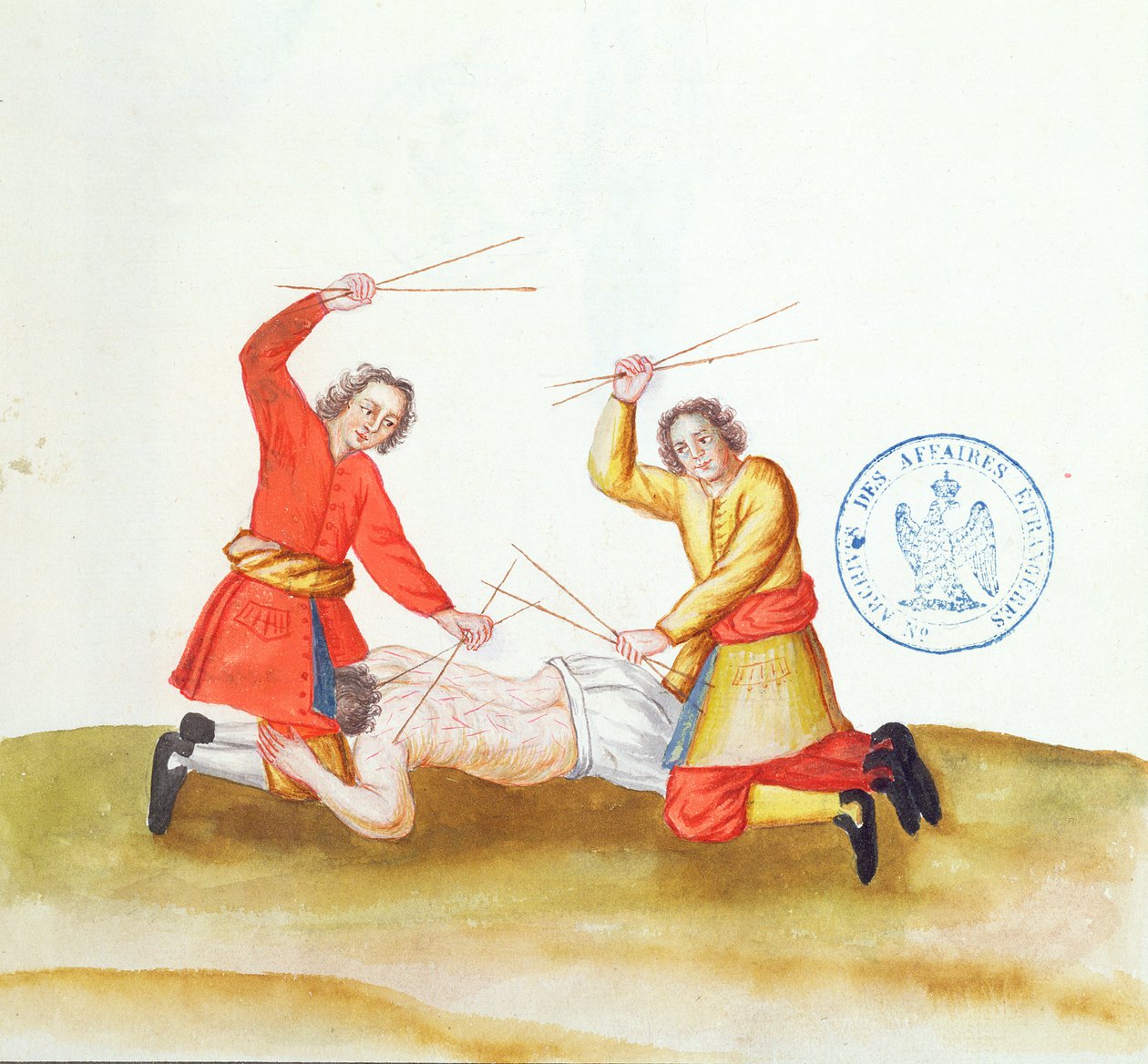 Punishment with Sticks, från Voyage en Russie, 1731 (penna & bläck och wc på papper) av French School