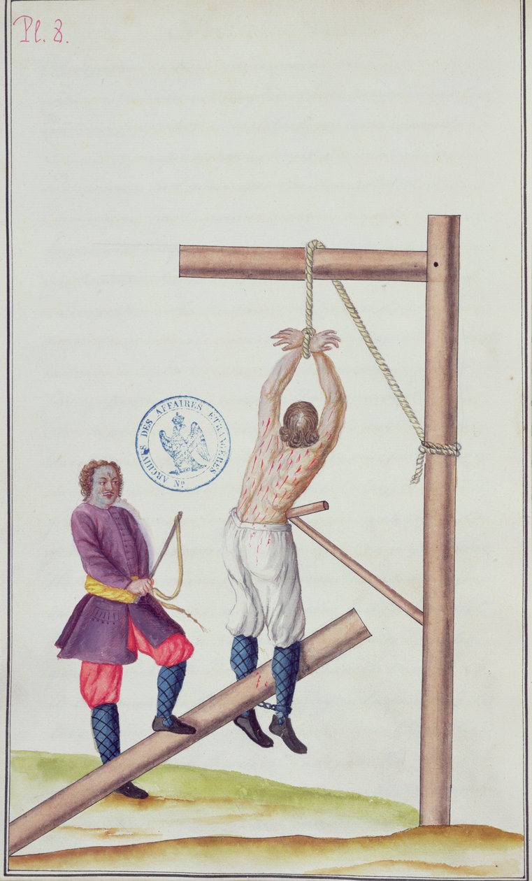 Bestraffning med knut när man är upphängd i ett rep, från Voyage en Russie, 1731 (penna & bläck och wc på papper) av French School