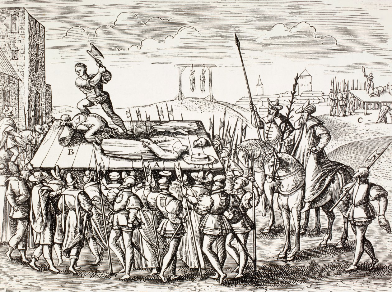 Bestraffningar som beslutats av kung Henrik VIII mot engelska katoliker, från "Militärt och religiöst liv under medeltiden" av Paul Lacroix, publicerad i London ca 1880 av French School
