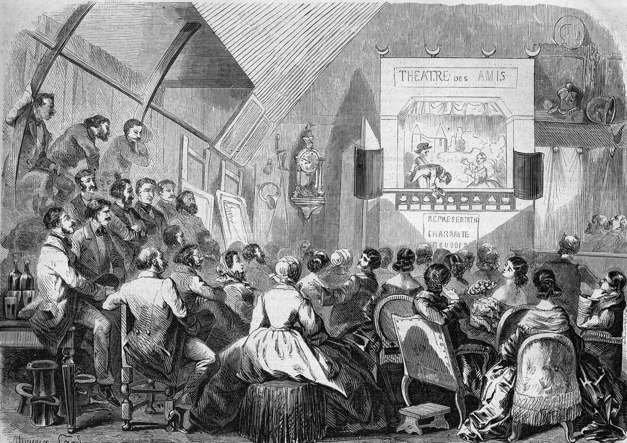Dockteater 1858. Representation i Maurice Sands (1823-1889) verkstad 12 rue Boursault i Paris. av French School