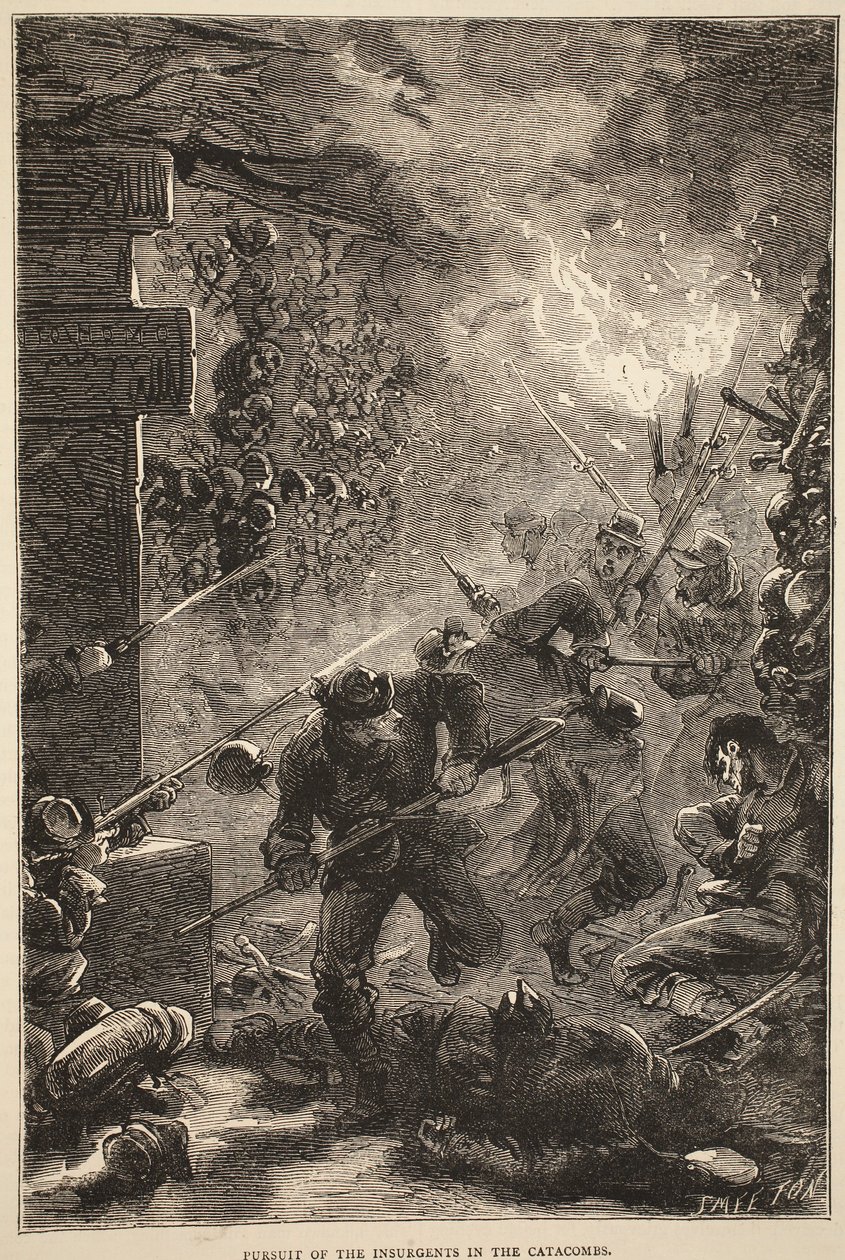 Pursuit of the Insurgents in the Catacombs, maj 1871, illustration från Cassells historia om kriget mellan Frankrike och Tyskland, 1870-1871 av French School