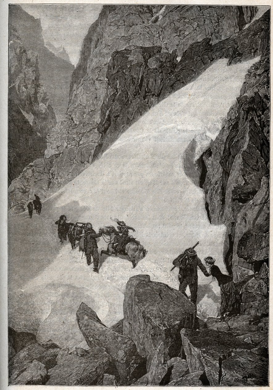 Pyrenéerna - bestigning av Pic du Midi - gravyr i "" PATRIE" - PIK BESKRIVNING AV FRANKRIKE I 6 BÅNDER AV LUCIEN HUARD - slutet av 1800-talet av French School