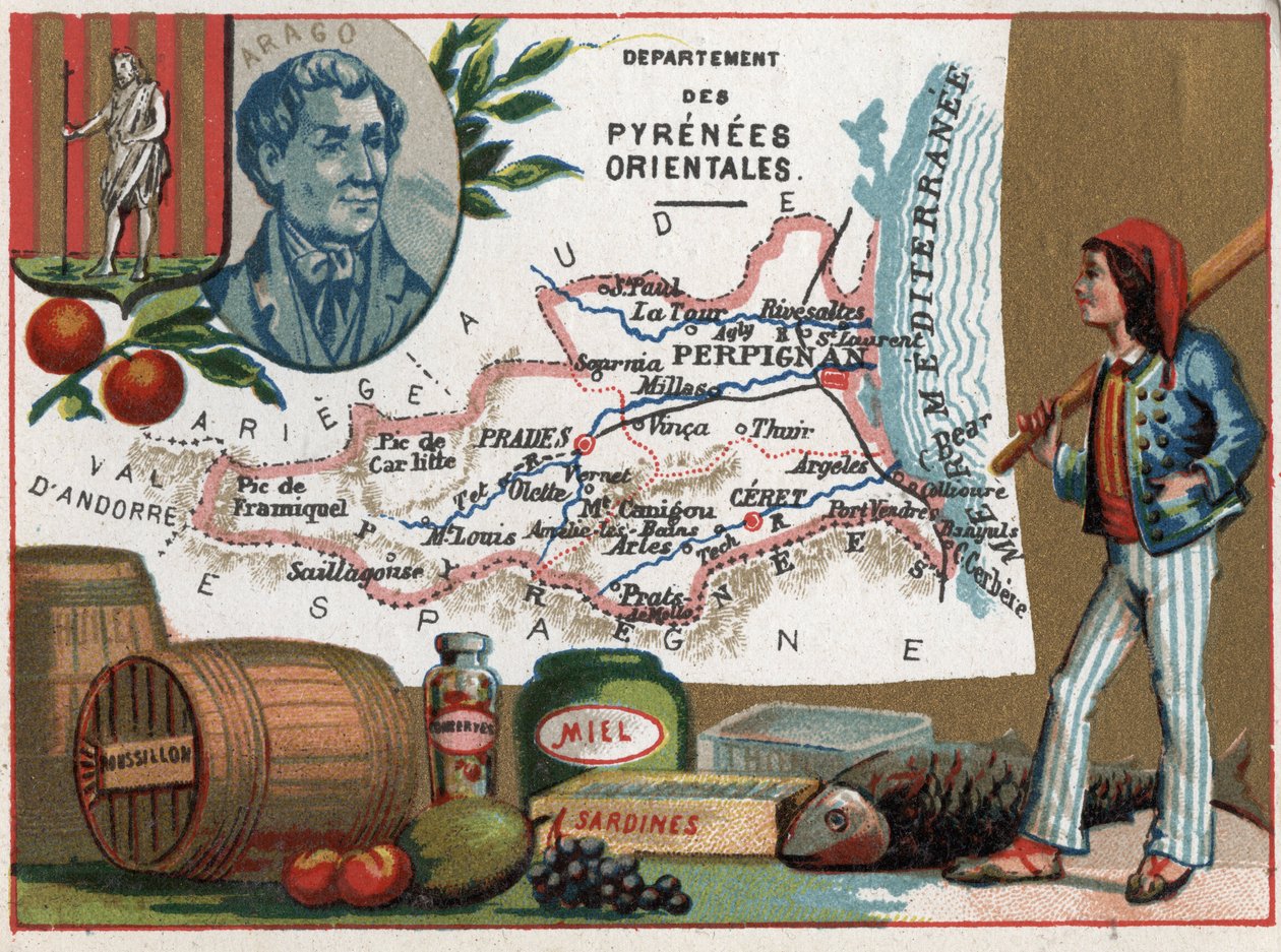 Pyrenees Orientales (66), Languedoc-Roussillon, Languedoc Roussillon, Frankrike. Porträtt av Dominique Francois Jean Arago (1786-1853). Lokal specialitet: honung och sardiner. Serie om de franska departementen. Chromolithography (Chromo) "" den geografiska av French School