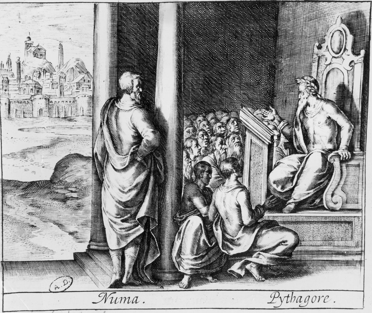 Pythagoras (ca 570-480 f.Kr.) undervisar en klass av elever, illustration från Ovidius Metamorphoses av French School
