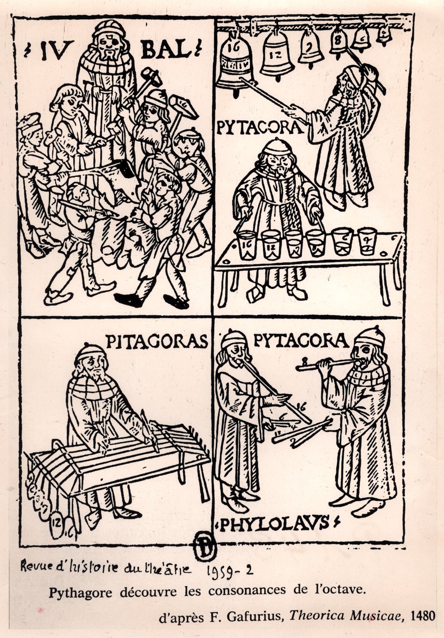 Pythagoras (ca 580-500 f.Kr.) som upptäcker oktavens konsonanser, från Theorica Musicae av Franchino Gaffurio, publicerad första gången 1480, från Revue de lHistoire du Theatre, 1959 (bw phot) av French School