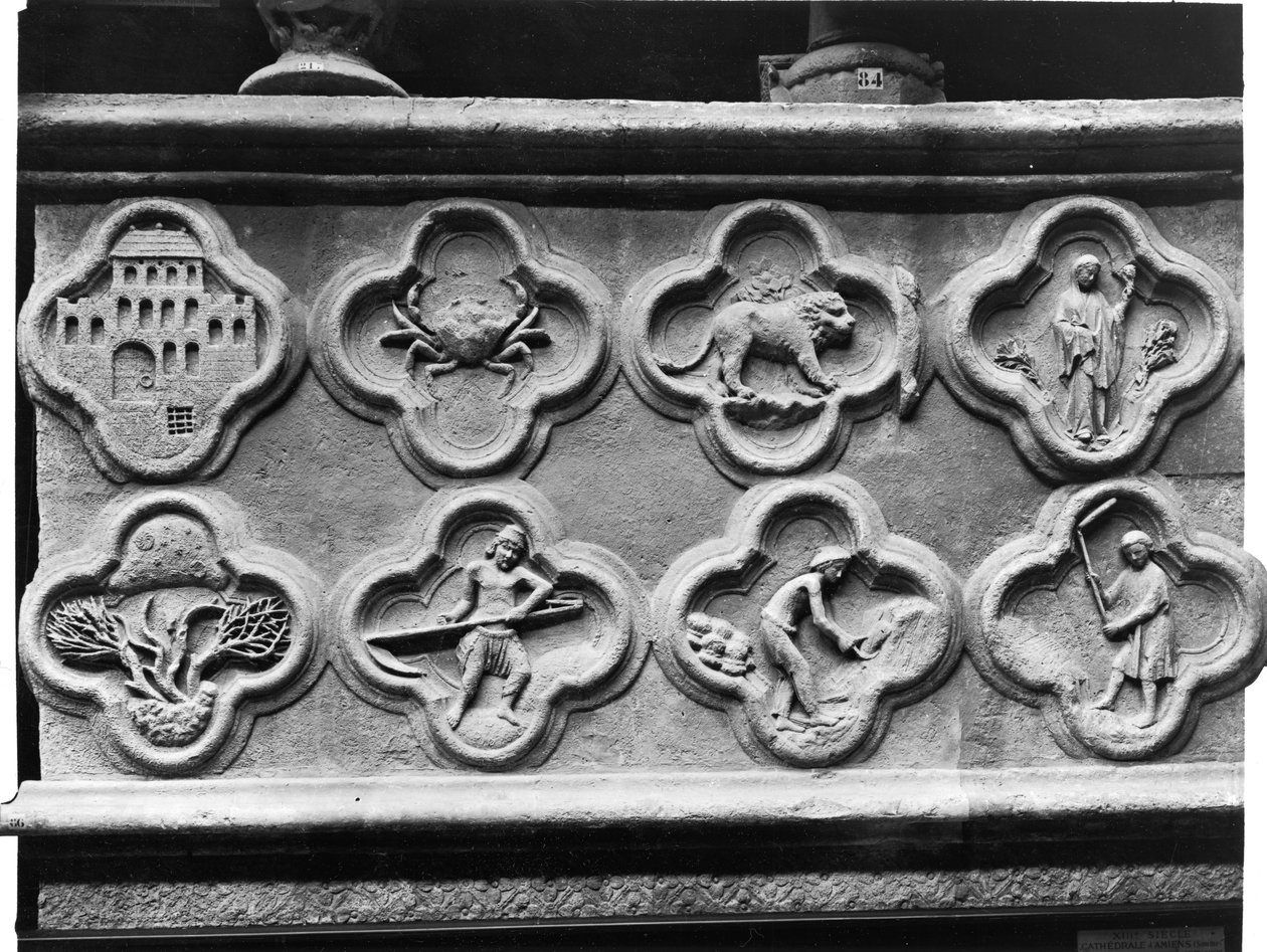 Quatrefoils of the Prophet Aggee: Templet återuppbyggt, och den torkade jorden, och quatrefoils med Zodiakens tecken och årets arbete, från katedralen Notre-Dame i Amiens (gips) av French School