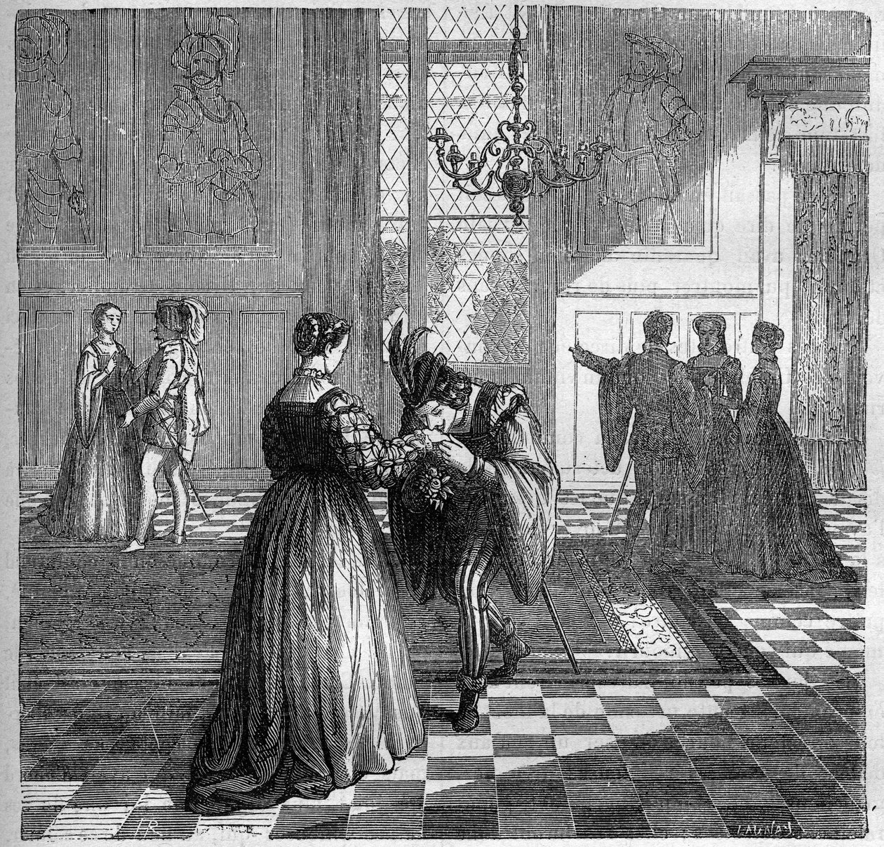 Drottning Margarita av Navarra (1492-1549) möter Pomini. Gravyr i "Prostitutionens och utsvävningens historia bland alla världens folk från antiken till våra dagar" av Dr Th. -F. Debray. 1879. av French School
