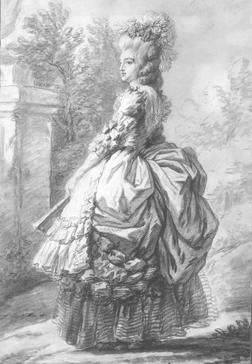 Drottning Marie-Antoinette (1755-93) går i en trädgård, 1780 (penna- och bläcktvätt och krita på papper) av French School