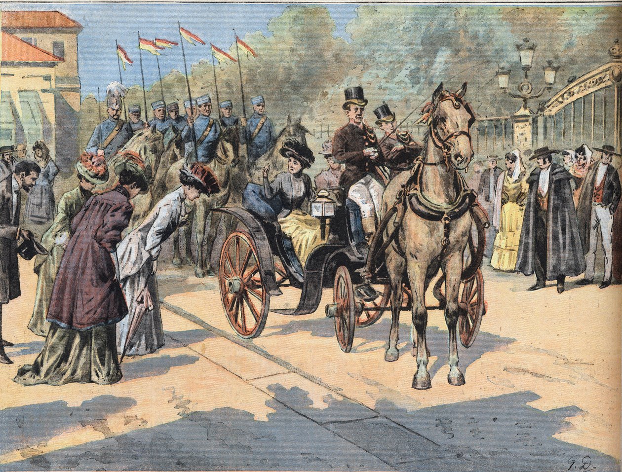 Drottning Marie Christine de Teschen (1858-1929) hälsar drottningarna av Paris Marches, från tidningen "Le Petit Parisien" " av French School