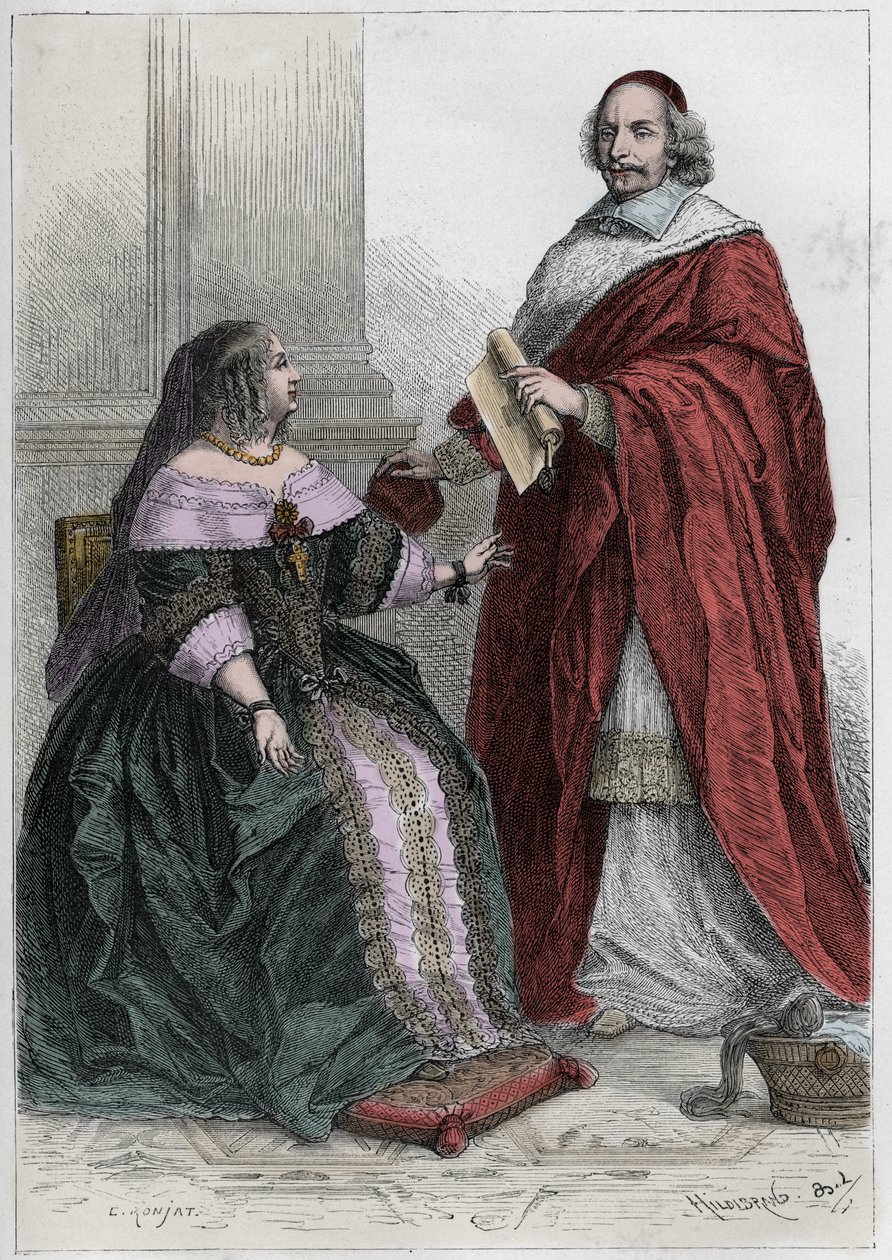 Drottning av Frankrike Anne av Österrike (1601-1666) och kardinal Jules Mazarin (Giulio Raimondo Mazzarino eller Mazarino) (1602-1661 - Anne av Österrike (1601-66) med kardinal Mazarin (1602-61) - gravyr från "" L