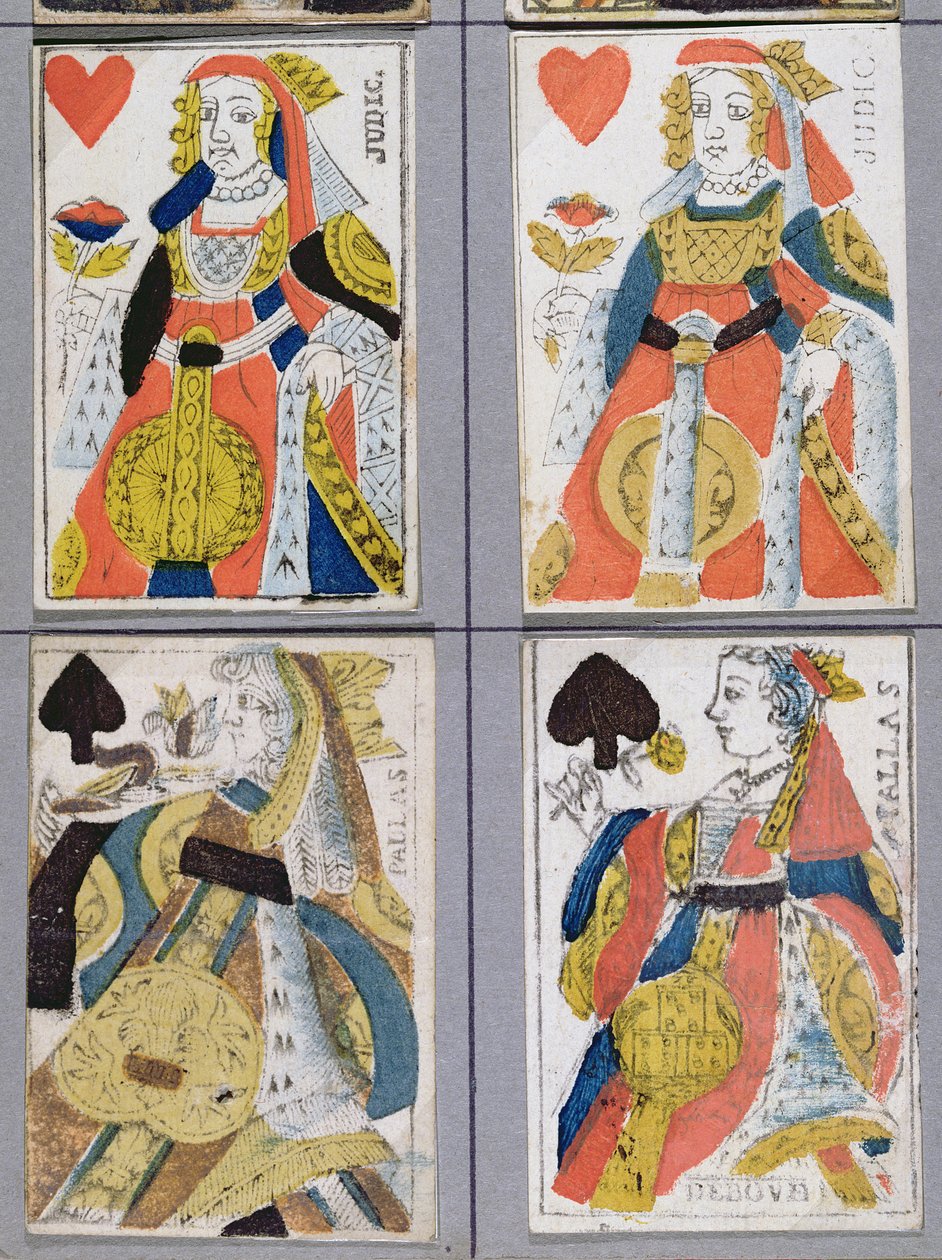 Spaderdrottning och Hjärtadrottning Spelkort, 1600-1700-tal (färgad trästick) av French School