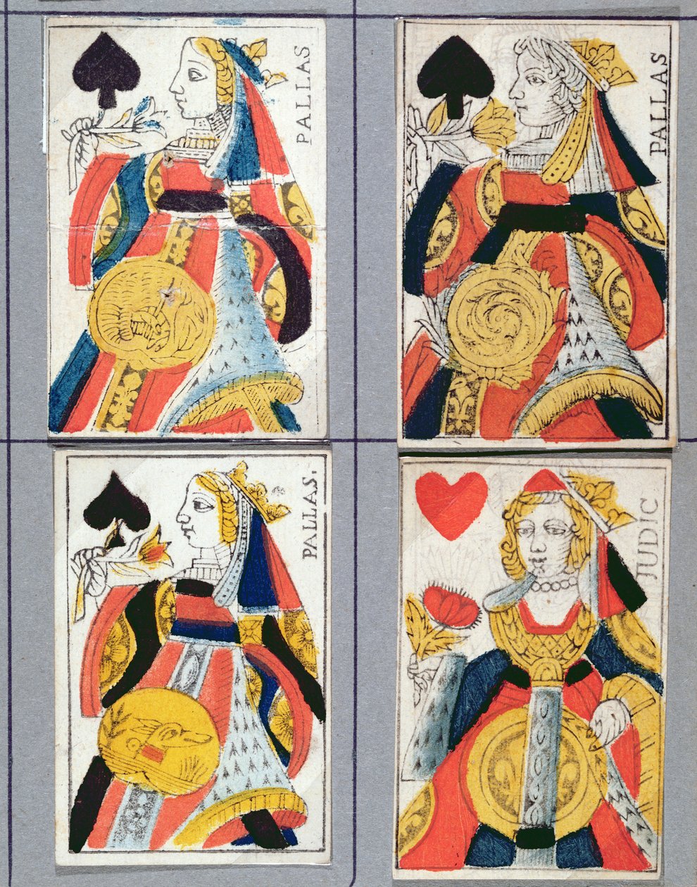 Spaderdrottning och Hjärtadrottning spelkort, 1600-1700-tal (färgad trästick) av French School